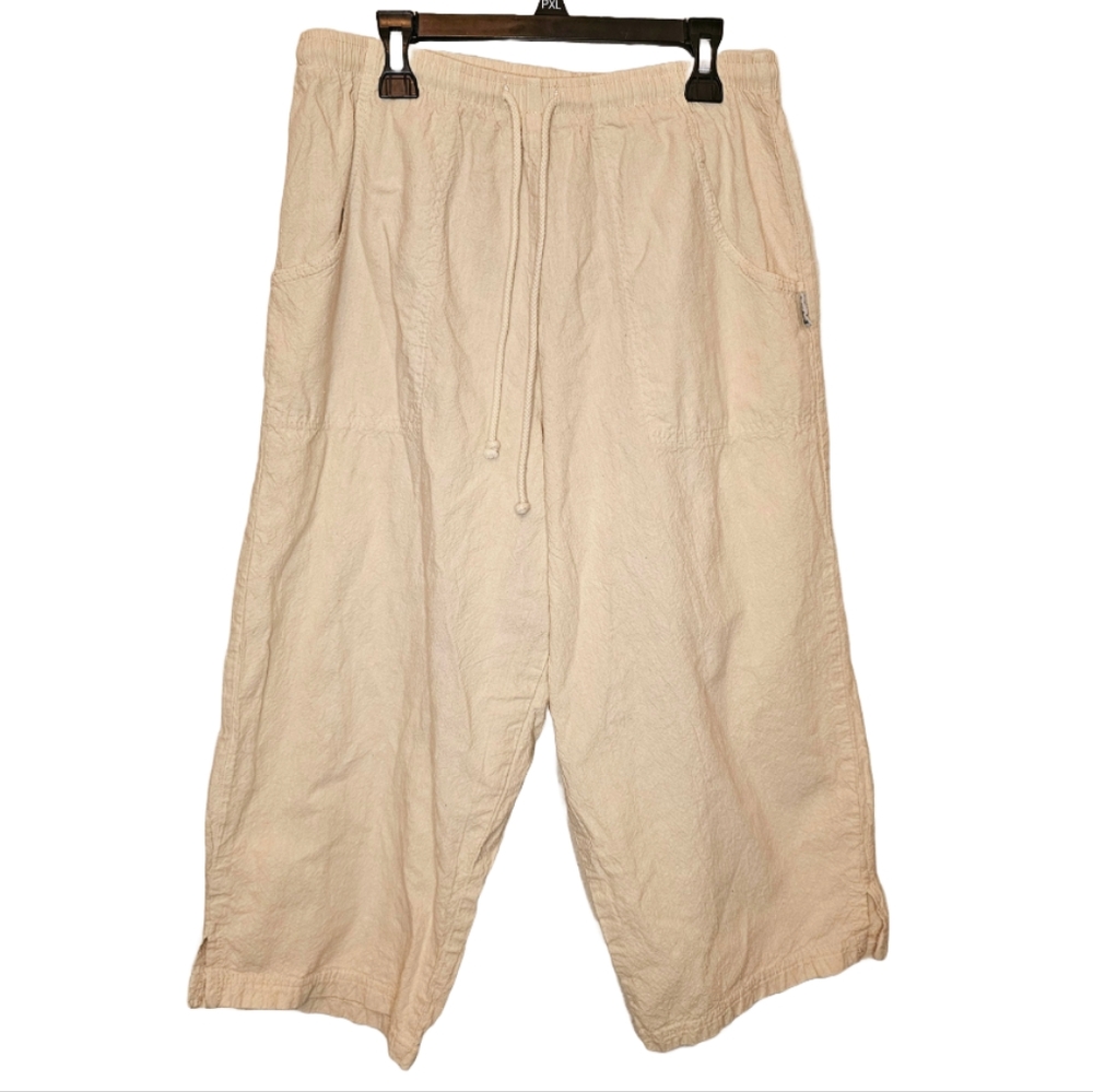 [Ezze Wear] Capri Wide Leg Pants Honey-Comb Cotton-Linen Oatmeal Womens Small